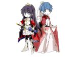  1boy 1girl armor armored_boots armored_dress blue_hair boots bridal_veil crown date_a_live dress itsuka_shidou knight long_hair muuu_suki open_mouth princess puffy_short_sleeves puffy_sleeves purple_hair sheath short_hair short_sleeves sword unsheathing veil violet_eyes weapon yatogami_tooka 