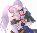  1boy 2girls arthur_(fire_emblem:_genealogy_of_the_holy_war) bead_necklace beads black_capelet black_dress black_gloves capelet commentary_request crying crying_with_eyes_open dress family fingerless_gloves fire_emblem fire_emblem:_genealogy_of_the_holy_war gloves group_hug hairband highres hug jewelry long_hair long_sleeves multiple_girls necklace open_mouth ponytail purple_dress purple_hair red_hairband sasaki_(dkenpisss) tailtiu_(fire_emblem) tears tine_(fire_emblem) twintails very_long_hair violet_eyes white_background 