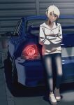  1girl absurdres blonde_hair blue_pants car closed_mouth collarbone commentary_request crossed_arms full_body head_tilt highres hood hoodie long_sleeves looking_at_viewer love_live! love_live!_nijigasaki_high_school_idol_club miyashita_ai motor_vehicle orange_eyes pants ponytail s_sho_mkrn shoes sidelocks solo spoiler_(automobile) toyota toyota_altezza white_footwear white_hoodie 