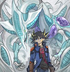  1boy bifuteki_(bi_futeki) black_hair black_shirt blonde_hair blue_coat blurry blurry_background brown_gloves cityscape coat colored_skin commentary cowboy_shot dragon facial_mark fudo_yusei gloves grey_background highres male_focus medium_hair multicolored_hair open_mouth sharp_teeth shirt spiky_hair stardust_dragon symbol-only_commentary teeth two-tone_hair white_skin yu-gi-oh! yu-gi-oh!_5d's 