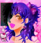  1girl artist_name borrowed_character bow chromatic_aberration earrings hair_bow heart heart_earrings hello_kitty hello_kitty_(character) highres jewelry long_hair looking_at_viewer open_mouth original pink_background portrait purple_bow purple_hair saliva sanrio smile solo wasabiiiladyy yellow_eyes 