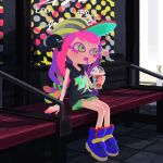  1girl arm_support bare_legs baseball_cap bench black_shirt blue_footwear character_signature clownfish coffee_cup colored_eyelashes cup disposable_cup drinking_straw drooling fish gradient_hair graffiti green_eyes green_skirt hair_ornament hair_scrunchie harmony&#039;s_clownfish_(splatoon) harmony_(splatoon) hat holding holding_cup kurehappa long_hair looking_to_the_side miniskirt mouth_drool multicolored_hair nintendo no_eyebrows open_mouth pink_hair poster_(object) road_sign scrunchie sea_anemone shirt shoes sideways_hat sign sitting skirt splatoon_(series) splatoon_3 starbucks striped_clothes striped_headwear tile_floor tiles traffic tropical_fish 