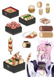  1girl alternate_costume blue_archive blush cake food fruit highres holding holding_food ideolo japanese_clothes kimono long_hair long_sleeves mika_(blue_archive) obi open_mouth pink_hair sash simple_background smile solo strawberry swiss_roll white_background white_kimono wide_sleeves yellow_eyes 