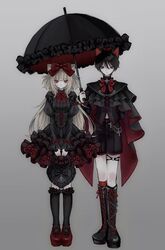  1boy 1girl absurdres androgynous animal_ears artist_name bag black_cape black_dress black_footwear boots bow cape cat_ears dress expressionless gothic_lolita grey_background highres holding holding_bag kodona lolita_fashion looking_at_viewer original oysi_mysi parasol red_bow red_shorts shared_umbrella shorts sleeves_past_wrists umbrella 