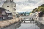  bridge building clouds cloudy_sky day highres mouen_tw no_humans original painting_(medium) reflection reflective_water river riverbank scenery sky town traditional_media tree watercolor_(medium) window 