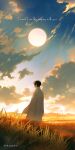  1boy artist_name black_hair clouds coat day english_text grass highres kim_dokja light_particles long_sleeves male_focus omniscient_reader&#039;s_viewpoint outdoors short_hair sky solo standing sun tokitokiee white_coat 