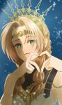  1girl aerith_gainsborough aerith_gainsborough_(loveless_dress) armlet bare_shoulders blue_background braid braided_ponytail breasts brown_hair circlet crown dress final_fantasy final_fantasy_vii final_fantasy_vii_rebirth final_fantasy_vii_remake gold_trim green_eyes heart heart_hands highres light_smile long_hair looking_at_viewer medium_breasts o_ka_n_zz official_alternate_costume parted_bangs princess_rosa_costume sidelocks single_braid solo upper_body wavy_hair white_dress 