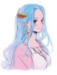  1girl blue_hair blush brown_eyes cape closed_mouth commentary_request cropped_torso dcdc_28h dress earrings half_updo headband highres jewelry light_blue_hair long_hair looking_at_viewer nefertari_vivi one_piece pink_cape sidelocks smile solo upper_body white_dress 