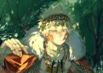  abs alternate_costume analogous_colors arm_at_side bakugou_katsuki bead_necklace beads blonde_hair blurry blurry_background boku_no_hero_academia cape choker closed_mouth dangle_earrings dew_drop double-parted_bangs earrings facepaint flower foliage fur-trimmed_cape fur_trim gold_choker gold_necklace hair_between_eyes hand_up jacket jewelry leaf light_frown looking_at_viewer male_focus multiple_necklaces multiple_rings necklace open_clothes open_hand open_jacket portrait red_cape red_eyes red_pepper_earrings ring sanpaku short_hair silk solo spider_web spiky_hair sunlight taro-k tooth_necklace tree water_drop 