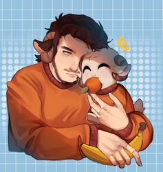  1boy ^^^ alternate_color animal animal_ears banana beard brown_hair clothed_animal commentary dual_persona facial_hair food fruit gomi_(gomiidd) grid highres holding holding_animal horns jschlatt male_focus minecraft_youtube orange_(fruit) orange_sweater rammie sheep sheep_boy sheep_ears sheep_horns short_hair solo sweater symbol-only_commentary tail white_fur yellow_eyes 