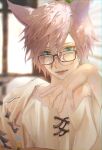  1boy absurdres animal_ears aqua_eyes bishounen blurry blurry_background cat_boy cat_ears character_request cross-laced_clothes fangs final_fantasy final_fantasy_xiv glasses hair_between_eyes highres indoors kitsunekotori light_particles looking_at_viewer male_focus miqo&#039;te parted_lips pink_hair pink_lips short_hair solo white_tunic window 