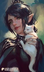  1girl animal artist_name baldur&#039;s_gate baldur&#039;s_gate_3 black_hair black_nails breasts cat dungeons_&amp;_dragons elf green_eyes highres holding holding_animal holding_cat jewelry long_hair looking_at_viewer multi-tied_hair nail_polish pointy_ears ring scar scar_on_face shadowheart_(baldur&#039;s_gate) smile solo teeth useless_elf 