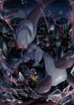  absurdres aura building cityscape colored_skin commentary_request ekaki_panda floating glass glowing glowing_eyes highres mega_mewtwo_y mewtwo night outdoors pokemon pokemon_(creature) red_eyes white_skin 