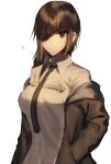  1girl black_jacket black_necktie braid breasts brown_eyes brown_hair closed_mouth eyepatch girls_frontline hands_in_pockets highres hood hooded_jacket jacket long_hair looking_at_viewer m16a1_(girls&#039;_frontline) multicolored_hair necktie scar scar_across_eye shirt simple_background smile solo xanax025 yellow_shirt 