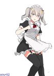  1girl absurdres alternate_costume apron black_dress black_thighhighs blue_eyes dress enmaided feet_out_of_frame frilled_apron frills garter_straps grey_hair highres kantai_collection kashima_(kancolle) long_hair maid maid_headdress one-hour_drawing_challenge robinson_(day_l_full) short_sleeves simple_background solo thigh-highs twintails twitter_username white_apron white_background 