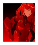  1girl bodysuit border brown_eyes gradient_background hairpods long_hair looking_at_viewer naruysae neon_genesis_evangelion parted_lips plugsuit red_theme redhead solo souryuu_asuka_langley upper_body white_border 