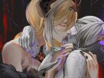  2girls bare_shoulders bianka_durandal_ataegina black_nails blonde_hair blush closed_eyes closed_mouth commentary cracked_skin english_commentary grey_hair hand_on_another&#039;s_neck hand_on_another&#039;s_shoulder highres honkai_(series) honkai_impact_3rd horns kiss long_hair multicolored_hair multiple_girls purple_nails rita_rossweisse statue streaked_hair upper_body wenechaisa yuri 