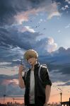  1boy black_jacket blonde_hair building chainsaw_man cityscape clouds denji_(chainsaw_man) food geboku0406 highres ice_cream jacket looking_at_food male_focus outdoors shirt short_hair short_sleeves simple_bird solo upper_body utility_pole white_shirt 