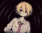  1girl black_background blonde_hair collared_shirt don_quixote_(project_moon) highres limbus_company long_sleeves looking_at_viewer necktie parted_lips project_moon red_necktie rnaro_maro scared shirt short_hair simple_background solo upper_body white_shirt yellow_eyes 