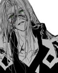  1boy blood blood_on_face chest_strap coat commentary english_commentary evil_smile final_fantasy final_fantasy_vii green_eyes greyscale half-closed_eyes head_tilt high_collar long_bangs long_hair male_focus monochrome moyanwxy parted_bangs sephiroth simple_background slit_pupils smile solo spot_color upper_body white_background 