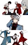  1girl 3boys abbacchio_joins_the_kicking_(meme) arkham black_gloves blue_coat blue_eyes closed_mouth coat dante_(devil_may_cry) devil_may_cry_(series) devil_may_cry_3 fingerless_gloves gloves hair_slicked_back he_(minty) highres holding holding_sword holding_weapon katana lady_(devil_may_cry) male_focus meme multiple_boys sword thigh_strap vergil_(devil_may_cry) weapon white_hair yamato_(sword) 