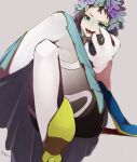  1other androgynous blue_eyes dress facepaint facial_mark feathers forehead_mark gnosia green_eyes green_hair headphones long_sleeves looking_at_viewer makeup open_mouth other_focus raqio short_hair simple_background solo tattoo user_mtgd3735 