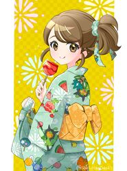  1girl :p absurdres alternate_costume brown_eyes brown_hair candy_apple dipplin food fruit highres japanese_clothes juliana_(pokemon) kimono long_sleeves looking_at_viewer ogerpon ogerpon_(teal_mask) pokemon pokemon_sv poliwag print_kimono saki_pokeoekaki scrunchie short_ponytail side_ponytail solo tongue tongue_out twitter_username watermelon watermelon_slice wide_sleeves 