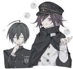  2boys ahoge black_cape black_hair buttons cape clenched_teeth danganronpa_(series) danganronpa_v3:_killing_harmony eyelashes flipped_hair grin hair_between_eyes hat highres hlt_in long_sleeves looking_at_viewer male_focus multiple_boys muted_color oma_kokichi pinstripe_jacket pinstripe_pattern purple_hair ringed_eyes saihara_shuichi short_hair simple_background sketch smile speech_bubble sweatdrop teeth upper_body violet_eyes white_background 