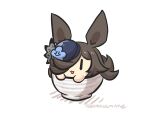  :d animal_ears blue_flower blue_hat bowl brown_hair flower goma_(gomasamune) hair_over_one_eye hat hat_flower highres horse_ears horse_tail in_bowl in_container rice_bowl rice_shower_(umamusume) shadow simple_background smile solo tail tilted_headwear twitter_username umamusume white_background |_| 