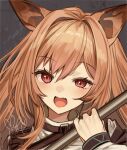  1girl :d animal_ears arknights black_background brown_hair brown_jacket ceobe_(arknights) close-up commentary_request grey_jacket haiba_09 hair_between_eyes hair_intakes hand_up holding jacket light_blush long_hair long_sleeves looking_at_viewer open_mouth partial_commentary pink_eyes portrait signature smile solo 