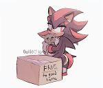  1boy animal animal_ears box cardboard_box cat cat_ears for_adoption furry furry_male gloves highres holding holding_animal male_focus quark196 shadow_the_hedgehog signature simple_background sonic_(series) sweat white_background white_gloves 