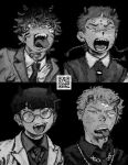  4boys barcode blunt_bangs demon_boy extra_eyes facial_hair glasses greyscale highres horns male_focus mettaflix monochrome multiple_boys mustache open_mouth original portrait round_eyewear shirt short_hair teeth tongue tongue_out very_short_hair 