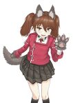  1girl animal_ears animal_hands black_skirt brown_eyes brown_hair fake_animal_ears fake_tail flat_chest gloves hairband halloween_costume highres japanese_clothes kantai_collection kariginu long_sleeves miniskirt nito_(nshtntr) paw_gloves pleated_skirt ryuujou_(kancolle) skirt solo tail twintails wolf_ears wolf_tail 