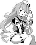  1girl ahoge azur_lane azur_lane:_slow_ahead choker cross cross_choker cross_earrings cup drinking_straw earrings grey_hair greyscale hand_up holding holding_cup hori_(hori_no_su) jewelry l&#039;opiniatre_(azur_lane) long_hair looking_at_viewer monochrome official_art one_side_up simple_background sitting solo thigh-highs tri_drills white_background 