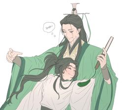  2boys bindi black_hair blush chinese_clothes closed_eyes folding_fan green_eyes green_hanfu green_ribbon hand_fan hanfu high_ponytail highres holding holding_fan hug korean_commentary korean_text long_hair long_sleeves looking_at_another looking_down luo_binghe male_focus multiple_boys open_hand qwert021600 renzha_fanpai_zijiu_xitong ribbon ribboned_xiao_guan shen_qingqiu simple_background smile sweatdrop tassel thought_bubble upper_body white_background white_hanfu wide_sleeves xiao_guan_(headdress) 