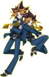  2boys belt black_footwear black_shirt blue_pants bright_pupils closed_mouth collarbone crossed_arms full_body gokunobaka grin jewelry long_legs millennium_puzzle multiple_belts multiple_boys muto_yugi necklace outline pants red_eyes shirt short_hair smile spiky_hair white_pupils yami_yugi yellow_outline yu-gi-oh! yu-gi-oh!_duel_monsters 
