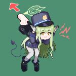  1girl 1other arrow_(symbol) backpack bag black_footwear black_tail blue_archive blue_hat blue_shirt blush buttons demon_tail disembodied_limb emblem gloves green_background green_halo halo hands_on_own_head hat hikari_(blue_archive) jokun long_sleeves pantyhose peaked_cap pixel_art pout shirt shoes shout_lines sidelocks simple_background solo_focus tail unhappy v-shaped_eyebrows white_gloves white_pantyhose yellow_eyes 