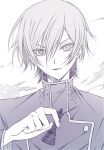  1boy ashford_academy_school_uniform chess_piece code_geass counter:side greyscale hair_between_eyes highres holding_chess_piece king_(chess) lelouch_vi_britannia light_smile long_sleeves looking_at_viewer male_focus mixed-language_commentary moka_(mochafree) monochrome school_uniform short_hair tsurime upper_body v-shaped_eyebrows white_background 