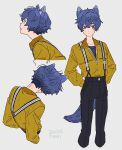  1boy alternate_costume animal_ears back black_pants blue_eyes blue_hair blue_shirt blush closed_mouth collared_jacket dated feet_out_of_frame hands_in_pockets highres jacket kaito_(vocaloid) kiii_4590 long_sleeves looking_to_the_side male_focus multiple_views open_mouth pants shirt simple_background solo suspenders tail undershirt vocaloid white_background yellow_jacket zipper 
