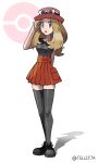  1girl :o absurdres black_footwear blonde_hair collared_shirt commentary_request commission eyewear_on_headwear full_body grey_eyes grey_thighhighs hand_up hat highres legs_together long_hair looking_at_viewer open_mouth pink_hat pleated_skirt poke_ball_symbol pokemon pokemon_xy serena_(pokemon) shirt shoes skeb_commission skirt sleeveless sleeveless_shirt solo standing sunglasses tellzeta thigh-highs white-framed_eyewear 