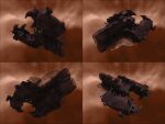  3d brown_background brown_theme clouds commentary concept_art emblem eve_online from_side highres machinery minmatar_republic_(eve_online) multiple_views nebula no_humans original realistic science_fiction spacecraft spinner-vision starry_background thrusters turret vehicle_focus 