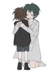  1boy 1girl amber-breathe black_hoodie blue_shorts brown_hair child chinese_commentary closed_eyes commentary_request dress green_hair highres hood hood_down hoodie hug isoi_haruki isoi_rai male_focus mother_and_son open_mouth saibou_shinkyoku short_hair shorts simple_background sketch smile socks white_background white_dress white_socks 