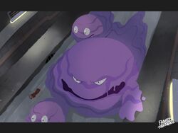  absurdres black_eyes can evolutionary_line from_above grass grate grimer highres industrial_pipe light_bulb muk no_humans open_mouth pokemon pokemon_(creature) pokemon_focus sakanagi_(a_r_co_) sewer sewer_grate slime_(creature) v-shaped_eyes water 