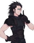  1boy armor artist_name black_gloves black_hair black_shirt blue_eyes final_fantasy final_fantasy_vii gloves hand_on_own_hip highres one_eye_closed shirt shoulder_armor simple_background spiky_hair suspenders upper_body vani_(hisha_04) white_background zack_fair 