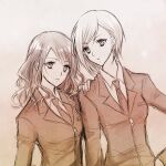  2girls asymmetrical_hair bosch breasts cissnei closed_mouth collared_shirt elena_(ff7) final_fantasy final_fantasy_vii hand_on_another&#039;s_shoulder hand_on_own_hip jacket long_hair medium_breasts multiple_girls necktie sepia shirt short_hair sketch suit suit_jacket swept_bangs upper_body wavy_hair 