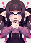  1girl black_hair heart heart-shaped_pupils highres inkling_girl inkling_player_character long_sleeves pointy_ears sahata_saba short_hair simple_background solo splatoon_(series) symbol-shaped_pupils teeth upper_body upper_teeth_only violet_eyes white_background 