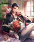  1boy absurdres bouquet box chair commission commissioner_upload cup epaulettes fire_emblem fire_emblem:_thracia_776 flower gloves heart-shaped_box highres male_focus reinhardt_(fire_emblem) reinhardt_(thrud_reborn)_(fire_emblem) ribbon rose sitting skeb_commission soubi1022 valentine window 