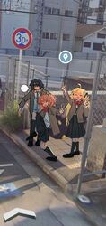 ... 1boy 2girls artoria_caster_(fate) artoria_pendragon_(fate) chain-link_fence contemporary double_v fate/grand_order fate_(series) fence fujimaru_ritsuka_(female) google_maps google_street_view high_school_girls_posing_for_google_street_view_(meme) meme multiple_girls necktie oberon_(fate) pants photo_background posing raised_curb road_sign school_uniform sidewalk sign skirt smile spoken_ellipsis standing standing_on_one_leg tactile_paving v yu0723 