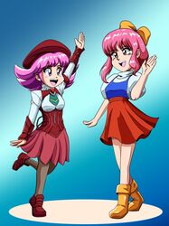  2girls amber_eyes arm_at_side ascot beret blue_eyes bow breasts commission commissioner_upload corset cosplay costume_switch crossover green_ascot hair_bow hat highres m.o.m.o. m.o.m.o._(cosplay) mahou_no_princess_minky_momo minky_momo minky_momo_(cosplay) multiple_girls non-web_source pink_hair pleated_skirt puffy_short_sleeves puffy_sleeves self-upload short_hair short_sleeves simple_background skirt smile standing standing_on_one_leg tedbob84 waving xenosaga xenosaga_episode_iii 