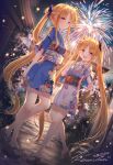  2girls :d aerial_fireworks blonde_hair blue_kimono blush brown_footwear butterfly_hair_ornament character_request closed_mouth commentary_request dated fate_testarossa fireworks floral_print flower hair_ornament highres japanese_clothes kimono kinom_(sculpturesky) long_hair looking_at_viewer lyrical_nanoha mahou_shoujo_lyrical_nanoha multiple_girls night night_sky obi outdoors parted_bangs ponytail print_kimono red_eyes rose sandals sash short_sleeves signature sky smile snow teeth torii twintails upper_teeth_only very_long_hair white_flower white_kimono white_rose wide_sleeves zouri 